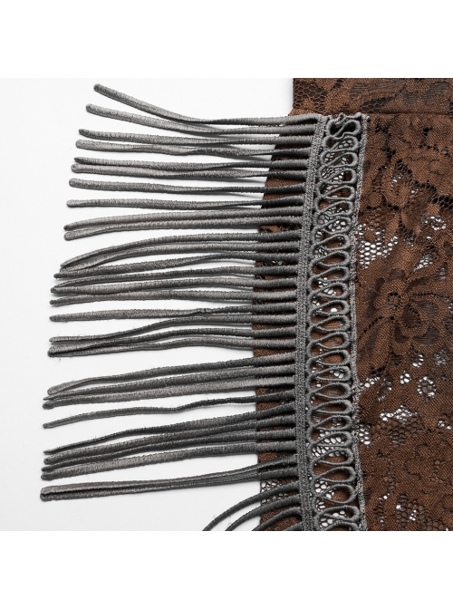 Sexy Brown Stretch Lace Pattern Mesh Side Ribbon Decorated Gothic See Through Trousers