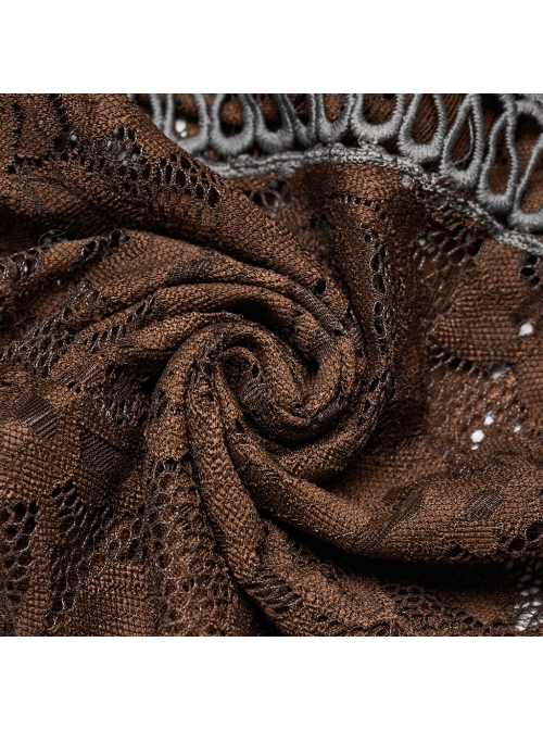 Sexy Brown Stretch Lace Pattern Mesh Side Ribbon Decorated Gothic See Through Trousers