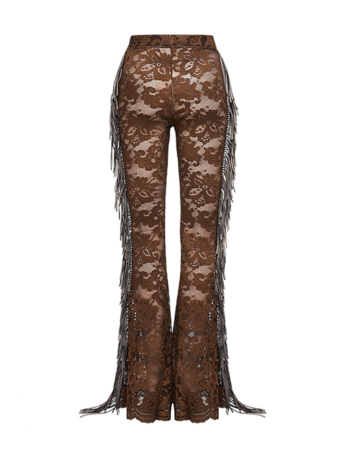 Sexy Brown Stretch Lace Pattern Mesh Side Ribbon Decorated Gothic See Through Trousers