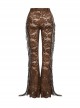 Sexy Brown Stretch Lace Pattern Mesh Side Ribbon Decorated Gothic See Through Trousers