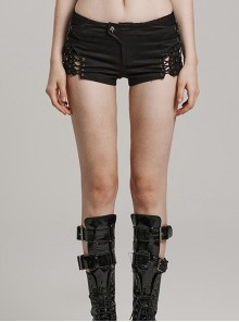 Personalized Black Micro Elastic Twill Woven Side Hollow Lace Up Punk Style Low Rise Shorts