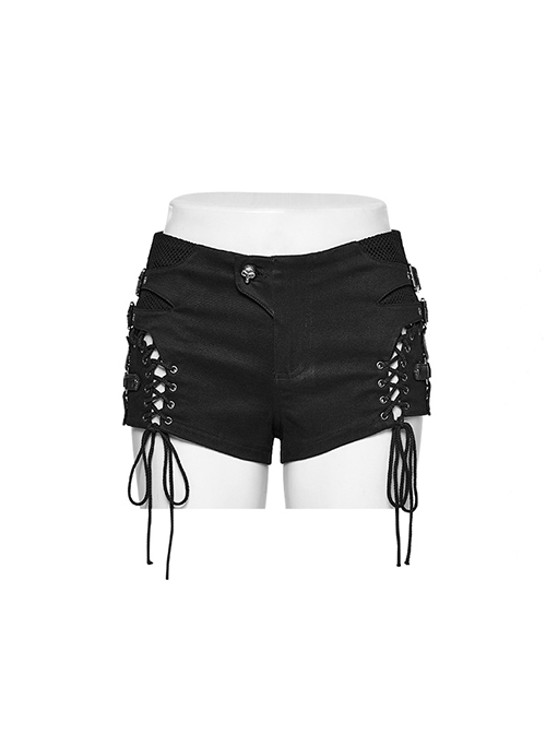 Personalized Black Micro Elastic Twill Woven Side Hollow Lace Up Punk Style Low Rise Shorts
