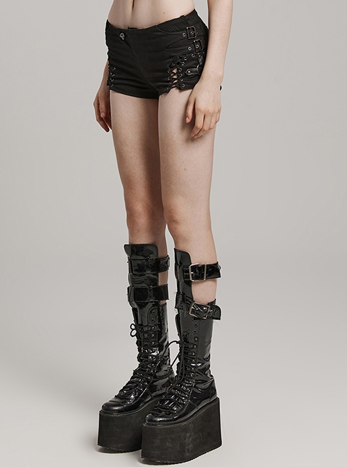 Personalized Black Micro Elastic Twill Woven Side Hollow Lace Up Punk Style Low Rise Shorts