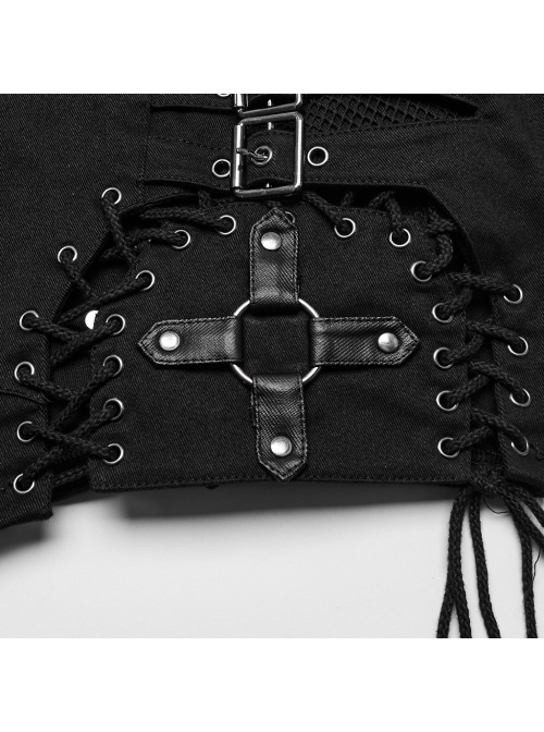 Personalized Black Micro Elastic Twill Woven Side Hollow Lace Up Punk Style Low Rise Shorts