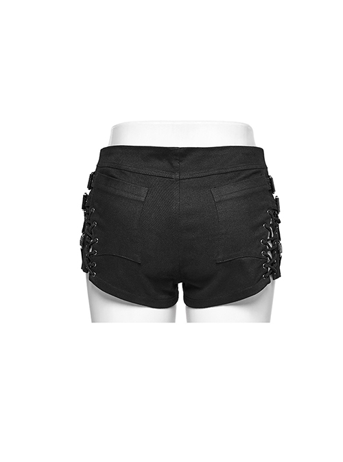 Personalized Black Micro Elastic Twill Woven Side Hollow Lace Up Punk Style Low Rise Shorts