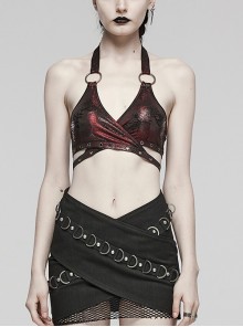 Black And Red Elastic Vertical Pattern Laminated Front Chest Metal Link Punk Style Sexy Corset