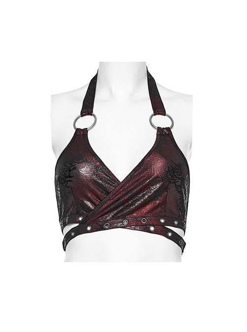 Black And Red Elastic Vertical Pattern Laminated Front Chest Metal Link Punk Style Sexy Corset
