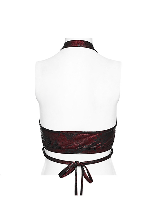 Black And Red Elastic Vertical Pattern Laminated Front Chest Metal Link Punk Style Sexy Corset