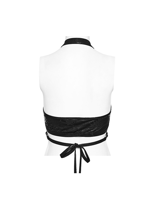 Black Elastic Vertical Pattern Laminated Front Chest Metal Link Punk Style Sexy Corset