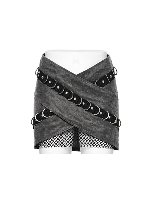 Personalized Gray Cross Twill Spliced Mesh Front D Shaped Buckle With Studs Embellished With Punk Style Layered Skirt