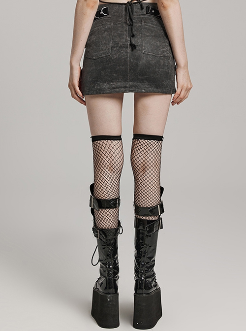 Personalized Gray Cross Twill Spliced Mesh Front D Shaped Buckle With Studs Embellished With Punk Style Layered Skirt