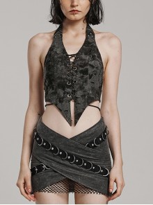 Sexy Backless Dark Gray Tattered Knitted Pointed Hem Punk Style Halter Neck Sleeveless Vest