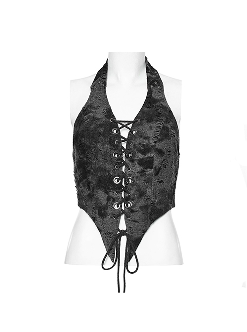 Sexy Backless Dark Gray Tattered Knitted Pointed Hem Punk Style Halter Neck Sleeveless Vest