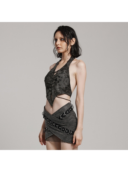 Sexy Backless Dark Gray Tattered Knitted Pointed Hem Punk Style Halter Neck Sleeveless Vest