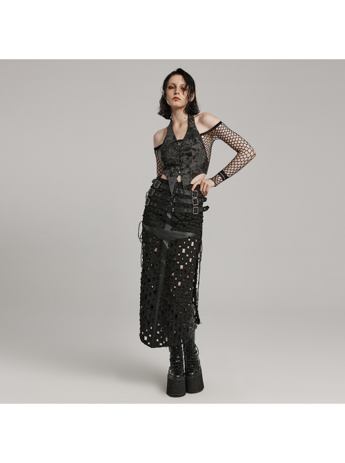 Sexy Backless Dark Gray Tattered Knitted Pointed Hem Punk Style Halter Neck Sleeveless Vest