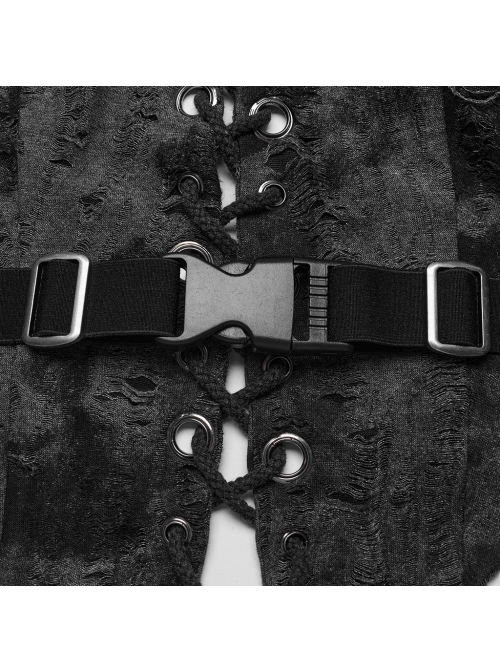 Sexy Backless Dark Gray Tattered Knitted Pointed Hem Punk Style Halter Neck Sleeveless Vest