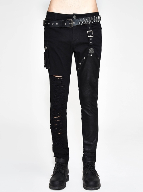 Asymmetric Broken Hole Glued Suede Rivet Black Punk Pants