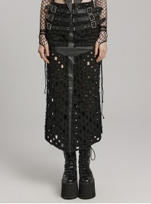 Black Tattered Twill Spliced Cross-Taped Side Eyelet Tying Rope Punk Style Hollow Slit Skirt
