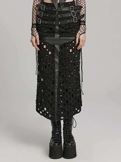 Black Tattered Twill Spliced Cross-Taped Side Eyelet Tying Rope Punk Style Hollow Slit Skirt