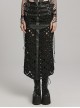Black Tattered Twill Spliced Cross-Taped Side Eyelet Tying Rope Punk Style Hollow Slit Skirt