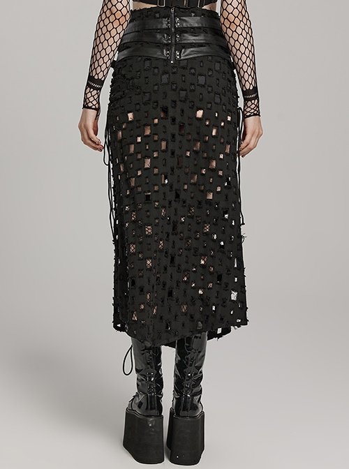 Black Tattered Twill Spliced Cross-Taped Side Eyelet Tying Rope Punk Style Hollow Slit Skirt