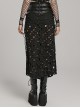 Black Tattered Twill Spliced Cross-Taped Side Eyelet Tying Rope Punk Style Hollow Slit Skirt