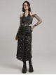 Black Tattered Twill Spliced Cross-Taped Side Eyelet Tying Rope Punk Style Hollow Slit Skirt