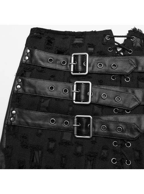 Black Tattered Twill Spliced Cross-Taped Side Eyelet Tying Rope Punk Style Hollow Slit Skirt