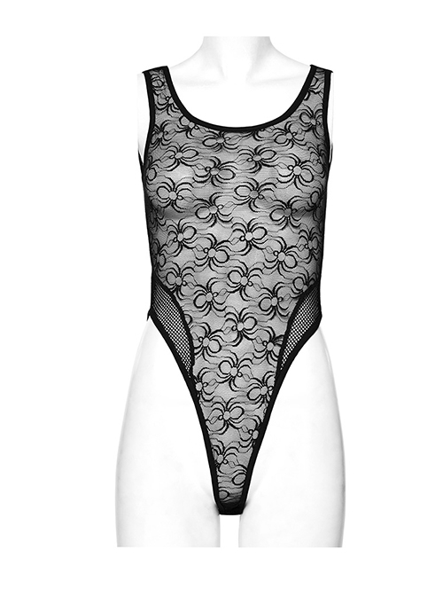 Sexy Black Spider Web Stitching Diamond Mesh Punk Style High Cut Sleeveless Bodysuit
