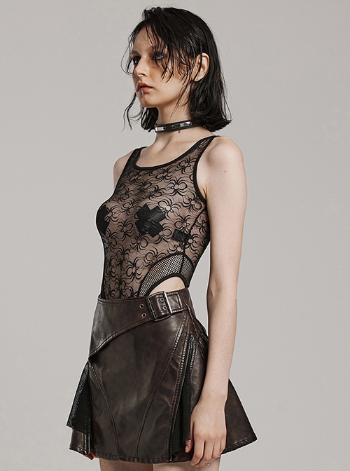 Sexy Black Spider Web Stitching Diamond Mesh Punk Style High Cut Sleeveless Bodysuit