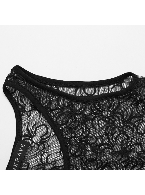 Sexy Black Spider Web Stitching Diamond Mesh Punk Style High Cut Sleeveless Bodysuit