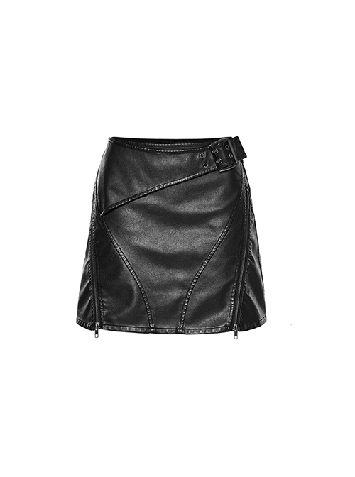 Black Imitation Leather With Mesh Side Zipper Embellished Punk Style Leather Skirt