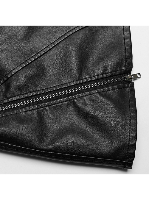 Black Imitation Leather With Mesh Side Zipper Embellished Punk Style Leather Skirt