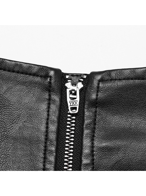 Black Imitation Leather With Mesh Side Zipper Embellished Punk Style Leather Skirt