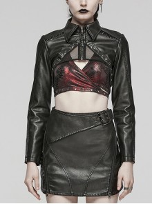Handsome Black Faux Leather Spliced Mesh With Hollow Spiked Rivets In The Front Punk Style Short Leather Jacket