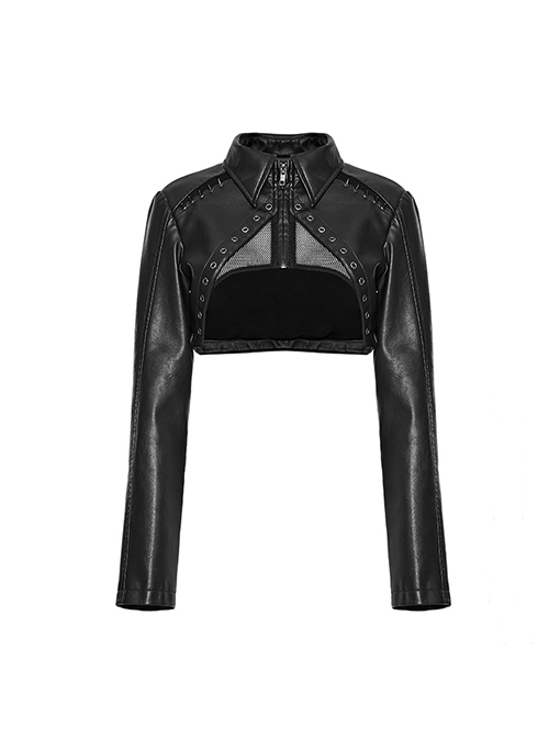 Handsome Black Faux Leather Spliced Mesh With Hollow Spiked Rivets In The Front Punk Style Short Leather Jacket