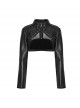 Handsome Black Faux Leather Spliced Mesh With Hollow Spiked Rivets In The Front Punk Style Short Leather Jacket