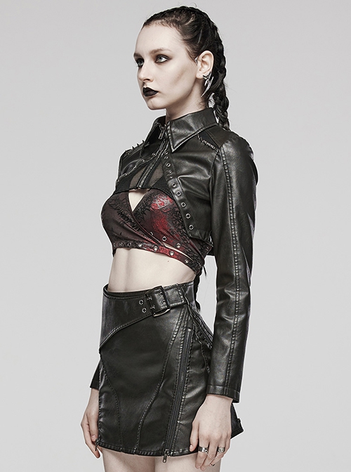 Handsome Black Faux Leather Spliced Mesh With Hollow Spiked Rivets In The Front Punk Style Short Leather Jacket