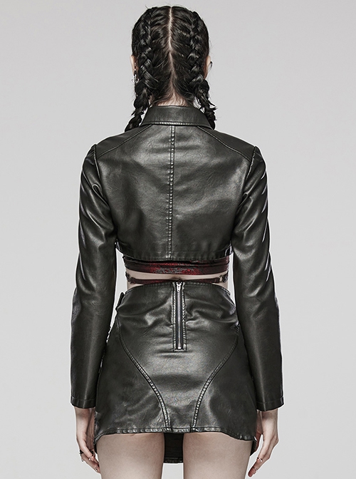 Handsome Black Faux Leather Spliced Mesh With Hollow Spiked Rivets In The Front Punk Style Short Leather Jacket