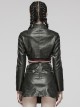Handsome Black Faux Leather Spliced Mesh With Hollow Spiked Rivets In The Front Punk Style Short Leather Jacket