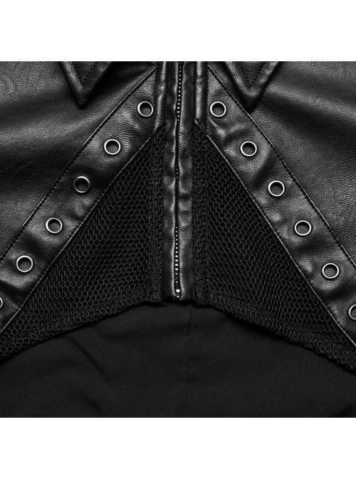 Handsome Black Faux Leather Spliced Mesh With Hollow Spiked Rivets In The Front Punk Style Short Leather Jacket