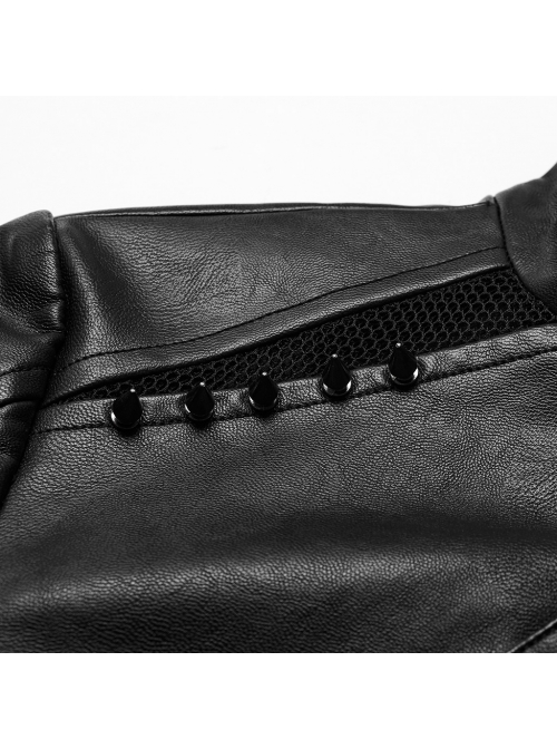 Handsome Black Faux Leather Spliced Mesh With Hollow Spiked Rivets In The Front Punk Style Short Leather Jacket