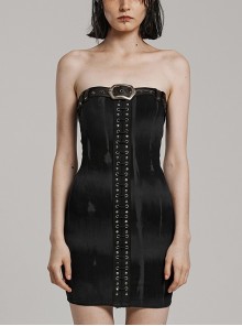 Black Sexy Elastic Thread Front Center Non Detachable String Punk Style Slim Fit Printed Tube Top Dress