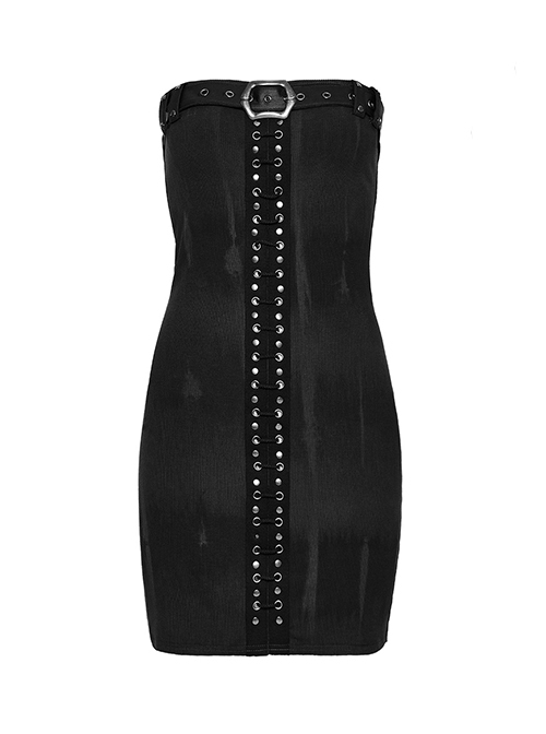 Black Sexy Elastic Thread Front Center Non Detachable String Punk Style Slim Fit Printed Tube Top Dress