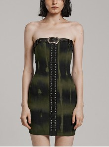 Black And Green Sexy Elastic Thread Front Center Non Detachable String Punk Style Slim Fit Printed Tube Top Dress
