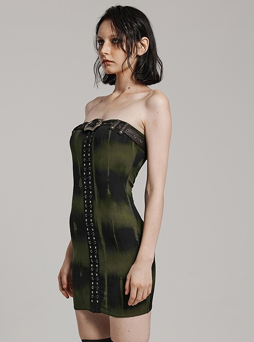 Black And Green Sexy Elastic Thread Front Center Non Detachable String Punk Style Slim Fit Printed Tube Top Dress