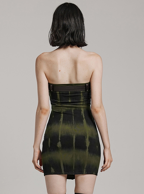Black And Green Sexy Elastic Thread Front Center Non Detachable String Punk Style Slim Fit Printed Tube Top Dress
