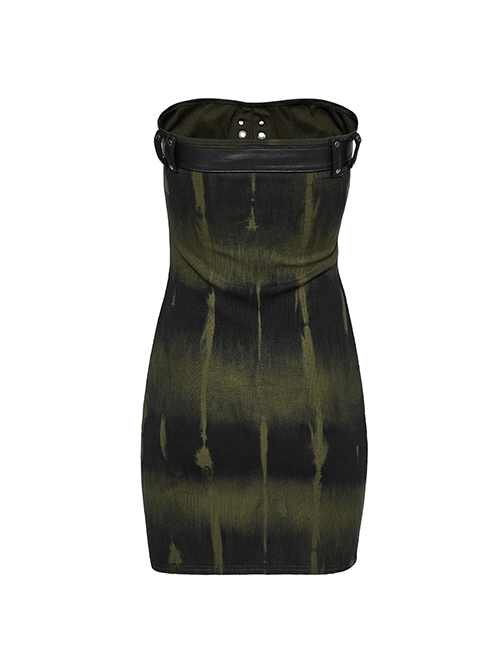 Black And Green Sexy Elastic Thread Front Center Non Detachable String Punk Style Slim Fit Printed Tube Top Dress