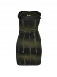 Black And Green Sexy Elastic Thread Front Center Non Detachable String Punk Style Slim Fit Printed Tube Top Dress