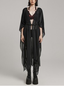 Sexy Loose Black Elegant Chiffon Braided Rope Belt Gothic Style Multi Wear Sun Protection Long Sleeved Jacket